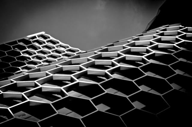 Close up of architectural structure with hexagonal shaped details